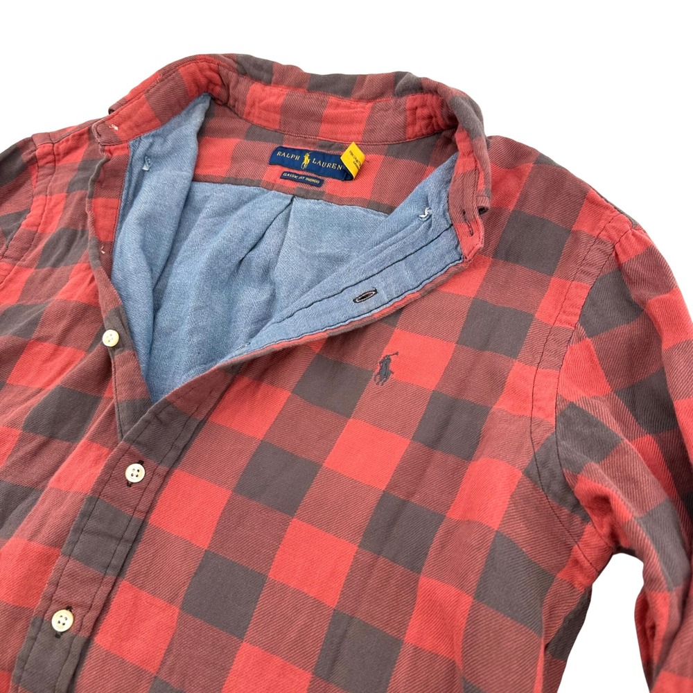 Ralph Lauren Mens Classic Fit Indigo Buffalo Check Shirt Orange Blue Cotton M